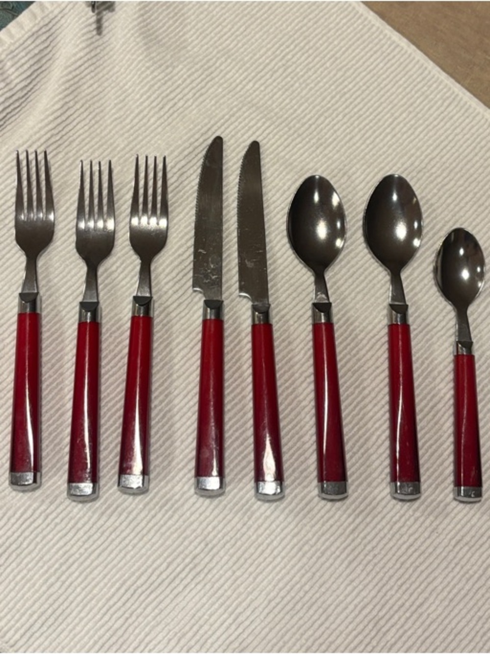 Red Handle Stainless Steel Flatware Set - 8 Piece (No Brand) Vintage?